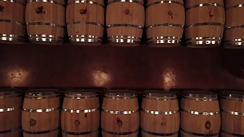 Line of oak barrel in a cellar for a wine perfect fermentation, Bordeaux Vineyar Stock Footage 102324977