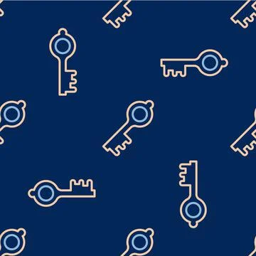 Line Old magic key icon isolated seamless pattern on blue background. Vector Stock Illustration