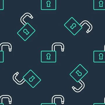 Line Open padlock icon isolated seamless pattern on black background. Opened Stock Illustration