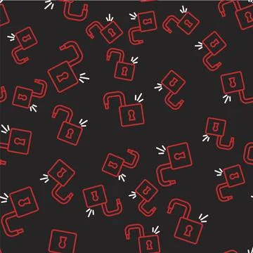 Line Open padlock icon isolated seamless pattern on black background. Opened Stock Illustration