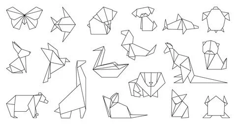 Line origami elements. Different polygonal birds and animals, decorative 스톡 일러스트