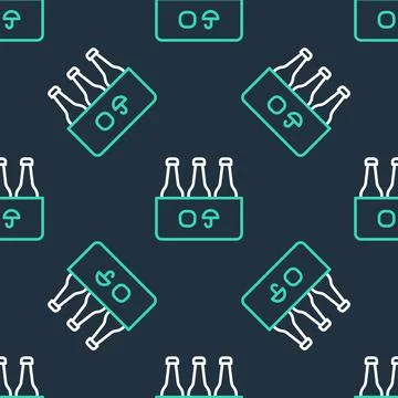 Line Pack of beer bottles icon isolated seamless pattern on black backgroun.. Stock Illustration