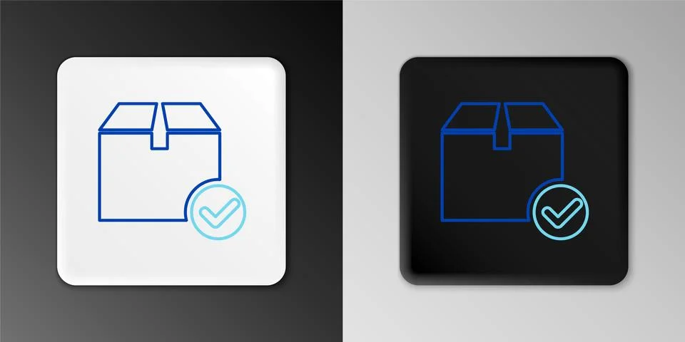 Line Package box with check mark icon isolated on grey background. Parcel box Stock Illustration
