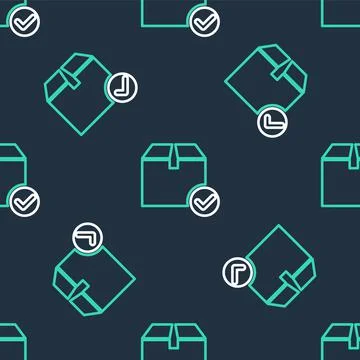 Line Package box with check mark icon isolated seamless pattern on black Illustrazione stock