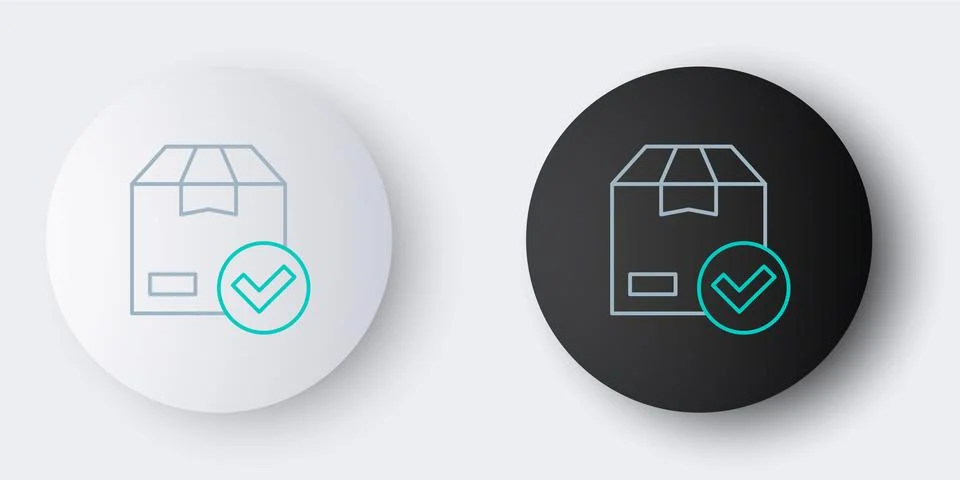 Line Package box with check mark icon isolated on grey background. Parcel box Stock Illustration