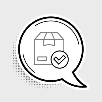 Line Package box with check mark icon isolated on grey background. Parcel box Stock Illustration
