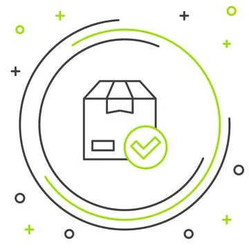 Line Package box with check mark icon isolated on white background. Parcel box Stock Illustration