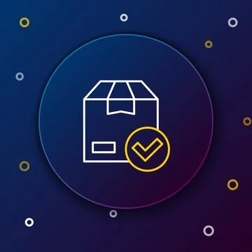 Line Package box with check mark icon isolated on blue background. Parcel b.. Stock Illustration