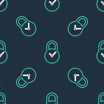Line Padlock with clock icon isolated seamless pattern on black background. Time Illustrazione stock