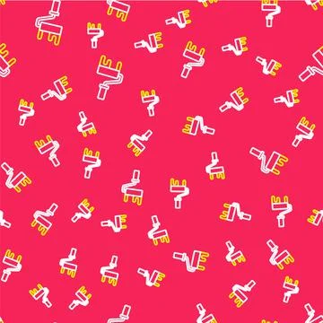 Line Paint roller brush icon isolated seamless pattern on red background. Vector Stock Illustration