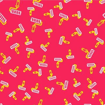 Line Paint roller brush icon isolated seamless pattern on red background. Vector Stock Illustration