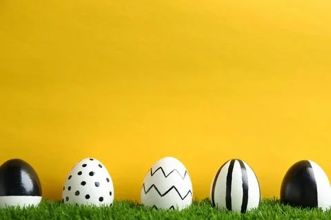 Line of painted Easter eggs on green lawn against color background, space for Stock Photos