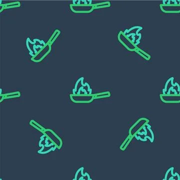 Line Pan with fire icon isolated seamless pattern on blue background. Vector Stockillustratie
