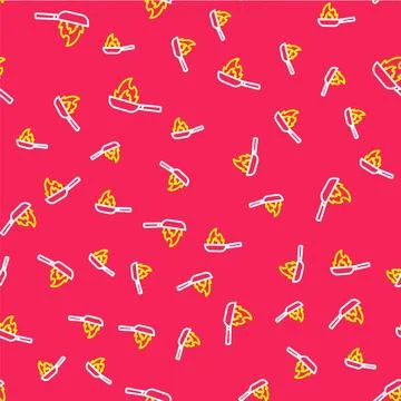 Line Pan with fire icon isolated seamless pattern on red background.  Vector Illustrazione stock