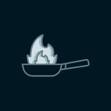 Line Pan with fire icon isolated on black background. Flat filled outline s.. Stock Illustration