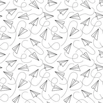 Line paper airplane seamless pattern. Flying black planes of different angles Illustrazione stock