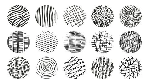 Line patterns. Abstract doodle icons, curve black texture, round spiral and Stock Illustration