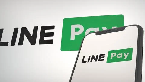 Line Pay app logo in mobile display screen and background editorial Stock Photos