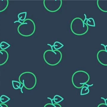 Line Peach fruit or nectarine with leaf icon isolated seamless pattern on blue Illustrazione stock