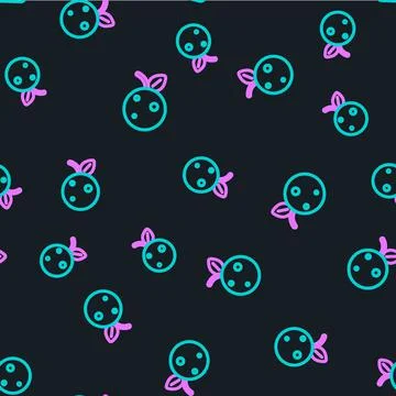 Line Peach fruit or nectarine with leaf icon isolated seamless pattern on black Stock Illustration
