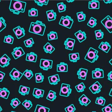 Line Photo camera icon isolated seamless pattern on black background. Foto 스톡 일러스트