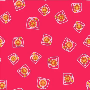 Line Photo camera icon isolated seamless pattern on red background. Foto camera Stock Illustration