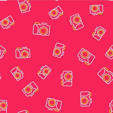 Line Photo camera icon isolated seamless pattern on red background. Foto ca.. イラスト素材