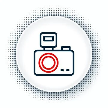 Line Photo camera with lighting flash icon isolated on white background. Foto Stock Illustration