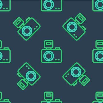 Line Photo camera with lighting flash icon isolated seamless pattern on blu.. 库存插图