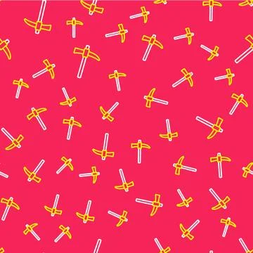 Line Pickaxe icon isolated seamless pattern on red background.  Vector Stock Illustration