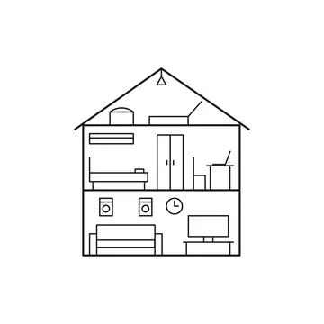 Line plan house inside, section interior, building home in cut. Living rooms and Ilustración de archivo