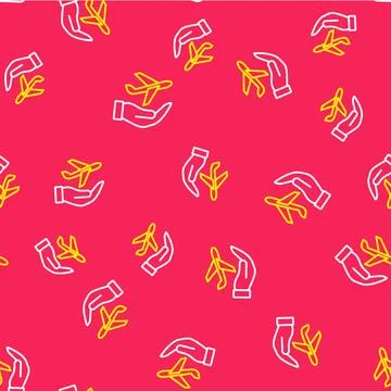 Line Plane in hand icon isolated seamless pattern on red background. Flying Stock Illustration