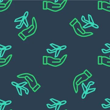 Line Plane in hand icon isolated seamless pattern on blue background. Flyin.. Stock Illustration