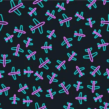 Line Plane icon isolated seamless pattern on black background. Flying airplane Stock Illustration