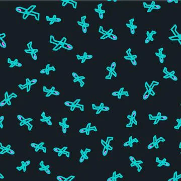 Line Plane icon isolated seamless pattern on black background. Flying airplane Illustrazione stock