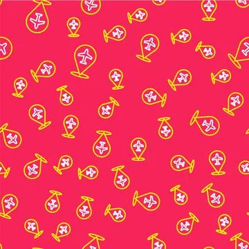 Line Plane icon isolated seamless pattern on red background. Flying airplane Stock Illustration