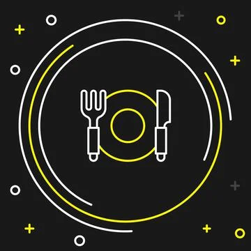 Line Plate, fork and knife icon isolated on black background. Cutlery symbol Stock Illustration