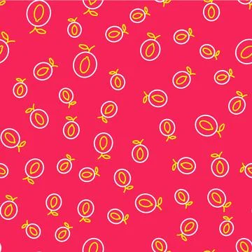 Line Plum fruit icon isolated seamless pattern on red background. Vector イラスト素材