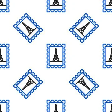 Line Postal stamp and Eiffel tower icon isolated seamless pattern on white .. Stock Illustration