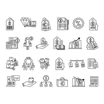 Line Price Icon Set. Vector Icons: Price Tag, Product, Cost, Expenses, Disc.. Stock Illustration