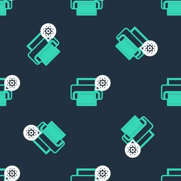 Line Printer and gear icon isolated seamless pattern on black background Stock Illustration