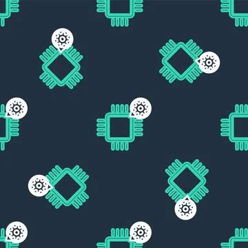 Line Processor and gear icon isolated seamless pattern on black background. CPU イラスト素材