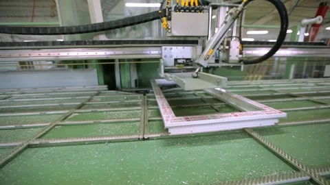Line production of plastic windows. working machine for the manufacture of Stock Footage 83859760