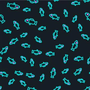 Line Puffer fish icon isolated seamless pattern on black background. Fugu f.. Stock Illustration