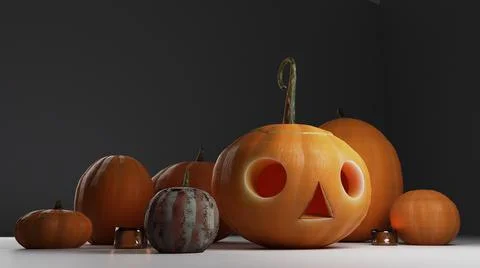 Line up of Pumpkins and Jack-O-lantern 3D Graphic Design Illustration Stock Illustration