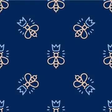 Line Queen bee icon isolated seamless pattern on blue background. Sweet natural Stock Illustration