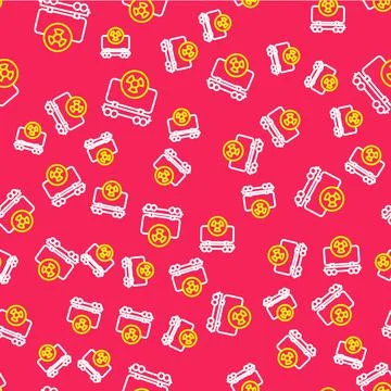 Line Radioactive cargo train wagon icon isolated seamless pattern on red Stock Illustration