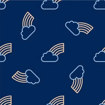 Line Rainbow with cloud icon isolated seamless pattern on blue background. Happy Stock Illustration