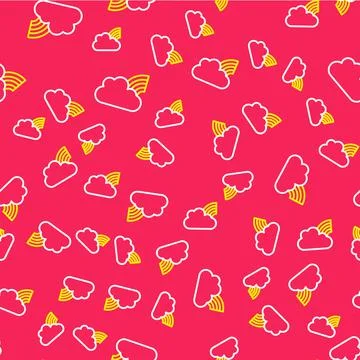 Line Rainbow with clouds icon isolated seamless pattern on red background Stock Illustration