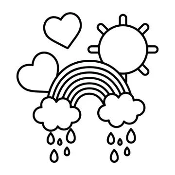 Line rainbow clouds raining with hearts and sun Stock Illustration